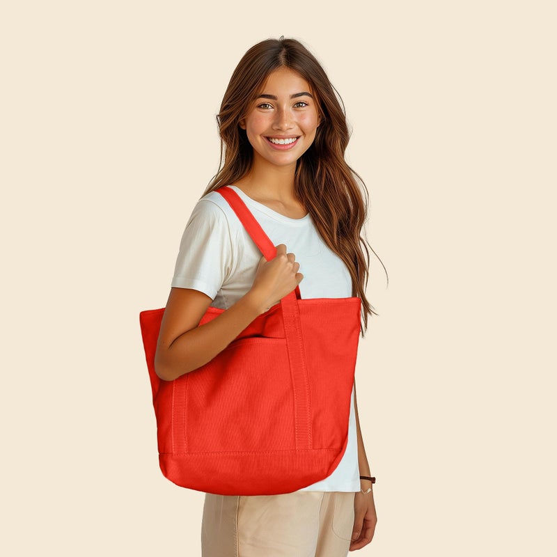 DALIX 20" Solid Color Cotton Canvas Shopping Tote Bag in Red - Image 3